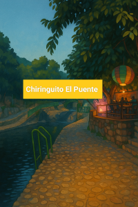 Ilustración hecha con IA del Chiringuito El Puente. comida con alma, y personas que te reciben como si fueras de la familia.